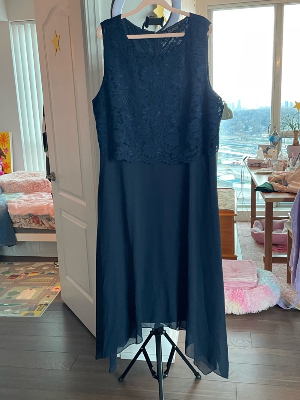 Sleeveless Navy Lace Overlay Evening Dress